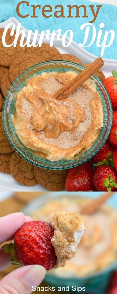 Creamy Churro Dip - Snacks and Sips Mexican Dessert Dip, Easy Dessert To Go With Mexican Food, Churro Cheesecake Dip, Dessert For Mexican Food, Easy Fiesta Food, Easy Party Recipes For A Crowd, Mexican Fiesta Party Food Desserts, Happy Hour Dessert Ideas, Mexico Party Food