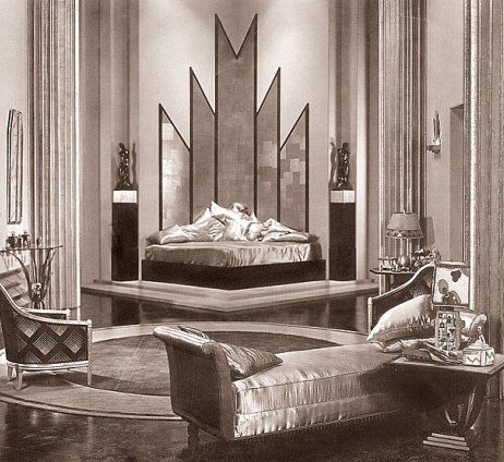 Bedroom from "The Kiss" - 1929 movie.  The angular mirror behind the bed and the exotic materials used within the room are key elements of art deco design. Interior Art Deco, Art Nouveau Arquitectura, Arte Art Deco, Art Deco Room, Arsitektur Art Deco, Art Deco Inspiration, Art Deco Bedroom, Art Deco Interior Design, Living Vintage