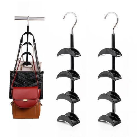 PRICES MAY VARY. Purse hangers for closet:Purse hanger closet with 360-degree swivel hooks that can be staggered front to back, you can quickly put your bag back in and take it out, minus the hassle of life, and the 4 hooks can neatly organize and tidy up bags.Purse hanger to save space,premium backpack purse hooks Strap will not deform: Handbag hangers for closet with 4 wider rounded bits, no hanging marks, handbag strap will not deform, will not hurt the strap. Handbag hanger no matter how lon Purse Closet Storage, Purse Storage Ideas Small Spaces, Purse Hanging Ideas, Dorm Closet Storage, Purse Storage Ideas, Purse Hangers, Dorm Closet Organization, Hangers For Closet, Hanger Closet