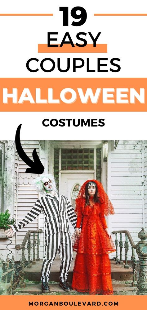 man and woman standing next to each other Black Man White Woman Halloween Costumes, Beetlejuice Costumes Couple, Bettle Juice Couple Costumes, Beatle Juice Couple Costumes, Highschool Couple Halloween Costumes, Beetlejuice Costume Male, Beetle Juice Costume Couple, Beetlejuice Couples Costume, Beetle Juice Couple Costume