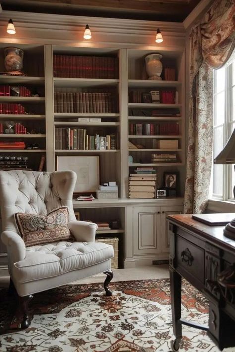 Cozy Corners edition # #classic #interiordesign #home | House Interior Design | TikTok Home Study Room Personal Library, Office Tv Room Combo, Cozy Library Room Ideas, Small Home Library Ideas, Room Library Ideas, Ideas For Small Home, Small Home Library, Built In Desk And Shelves, Cottage Library