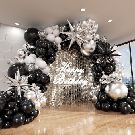 PRICES MAY VARY. 【Black and Silver White Balloon Garland Kit】:Include 140pcs balloons 22''(Black starburst balloons 1, Metallic silver starburst balloons1),18''(Black balloons 2, Metallic silver balloons 2 ),12''(Black balloons 20, Metallic silver balloons 14, White balloons 10, silver confetti Balloons 5), 10''(Black balloons 20, Red balloons 14, White balloons 5),5''(Black balloons 20, Metallic silver balloons 20),16FT garland strip x1,140 dots glue. 【Best Quality】:The black silver white ballo Black And White Theme Quinceanera, Black And Silver Gala Decor, All Black Party Decorations For Men, Black White Gold Silver Party Decor, Black And Silver 21st Decorations, Black White Balloon Decorations, Black And White Birthday Backdrop, Black And Silver Disco Party, Silver And Black Decor