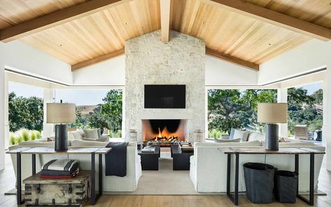 Breathtaking Santa Barbara country style home in Santa Ynez Valley Traditional Home Magazine, California Room, Garage To Living Space, Santa Ynez, Country Style Homes, California Homes, Indoor Outdoor Living, Stone Fireplace, Ranch Style