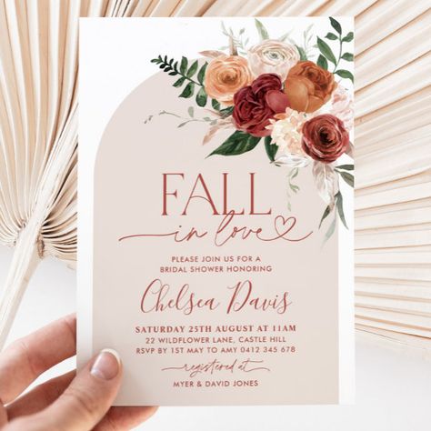 Fall In Love Floral Bridal Shower Arch Invitation Bridal Shower Ideas For November, Wedding Shower Boho Theme, Fall In Love Bridal Shower Backdrop, Falling In Love Theme Bridal Showers, Bridal Shower Fall Ideas, Fall In Love Theme Bridal Showers, Fall Floral Bridal Shower Ideas, Bridal Shower Themes October, Fall In Love Bridal Shower Invitations