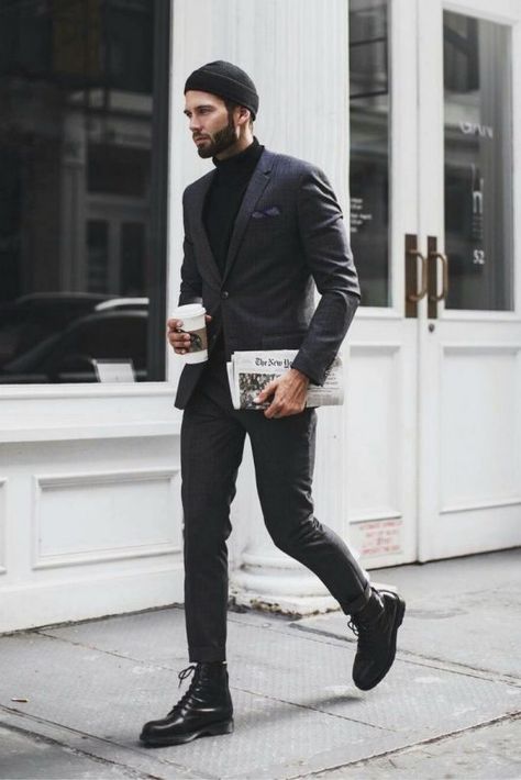 How to wear a beanie hat for men. Black cuffed beanie hat, turtleneck sweater, checked suit, black leather boots 1. Click image to view more. #men #outfits #UrbanMenOutfits #mensfashion #mensguides #menswear #menstreetstyle #stylish #trendy #streetstyle #fall #fallfashion #falloutfits #fashion #ootd #winter #winterfashion #beanie #hat Black Outfit Men, Style Masculin, Lil Bro, Checked Suit, Black Inspiration, Wearing All Black, Mens Fashion Blog, Mens Fashion Photography, Black Outfits