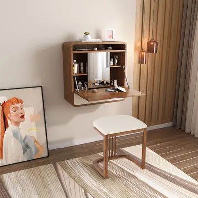 Walnut Makeup Vanity and Cushioned Stool Set Wall Mounted Vanity Table & Movable Mirror Movable Mirror, Makeup Nook, Small Bedroom Vanity, Wall Mounted Dressing Table, Wall Mounted Makeup Vanity, Mirrored Bedroom Furniture, Vanity Bedroom, Elegant Vanity, Mounted Vanity