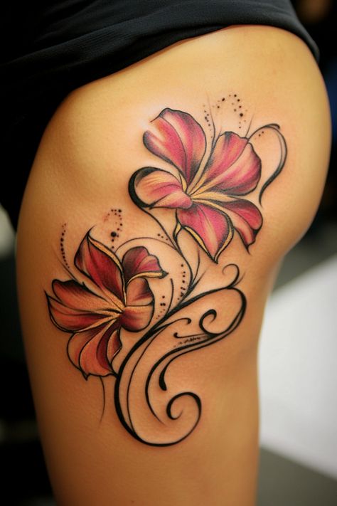 Two red and yellow flowers with black swirls tattooed on a person's thigh. Behind The Leg Tattoos For Women, Chic Tattoos For Women, Meaningful Tattoo Ideas For Women, Baddie Tats, Simple Tree Tattoo, Husband Tattoo, Meaningful Tattoo Ideas, Chic Tattoo, Beautiful Tattoos For Women