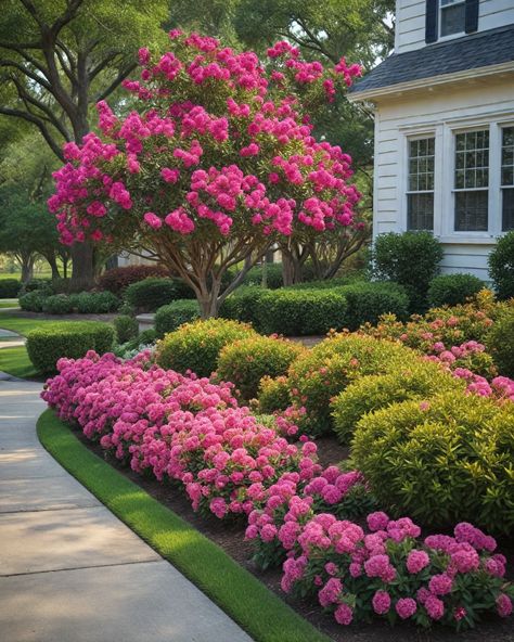 10 Best Shrubs For Front Of House Full Sun Best Front Yard Plants, Front Landscaping Plants, Pavers Front Of House, Full Yard Landscaping, Front Of Yard Landscape Ideas, Full Front Yard Garden, Crimson Fire Loropetalum Front Yards, Camelia Tree Landscape, Landscaping Layout Ideas