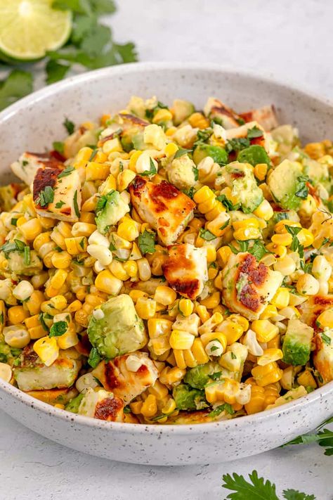 Corn Halloumi Salad, Halloumi Avocado Salad, Vege Bbq Ideas, Corn Salad With Mango And Halloumi, Summer Lunch Vegetarian, Summer Savoury Recipes, Salad With Halloumi, Summer Hosting Meals, Healthy Summer Bbq Recipes