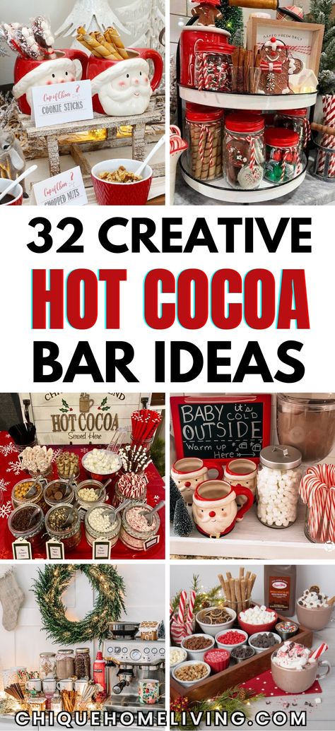 Ready to warm up your winter gatherings? These 32 DIY hot cocoa bar ideas will help you create the ultimate cozy drink station! Set out jars filled with cocoa mix, marshmallows, peppermint sticks, and flavored syrups to let guests customize their perfect cup. Decorate with seasonal touches like twinkling lights, candy cane garlands, and festive signs. Hot Cocoa Bar Event, Hot Choc Station, Chocolate Station Bar Ideas, Fancy Hot Chocolate Bar, Coco Station Bar Ideas, Hot Tea Bar Station Party, Hot Chocolate Bar Recipes, Hot Drink Bar Ideas, Hot Cocoa Bar Ingredients