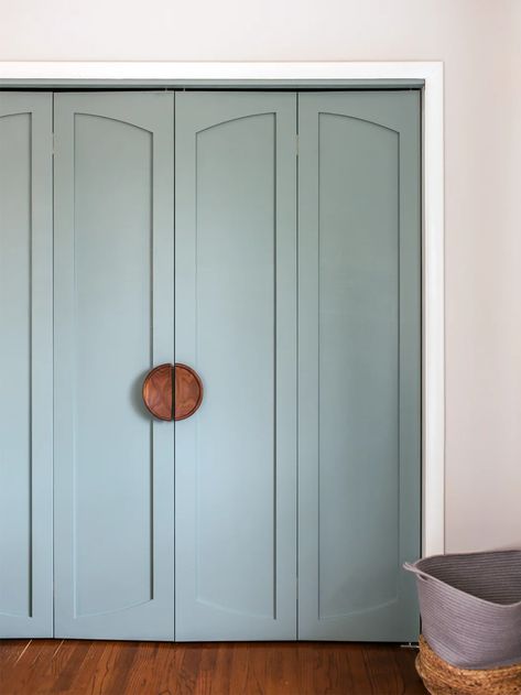 Dress Up Bifold Closet Doors, Modern Bifold Closet Doors Bedrooms, Tall Bifold Doors, Closet Accordion Doors, Office Closet Door Ideas, Accordion Door Alternative, Wide Closet Doors, Light Blue Closet Doors, Replace Folding Closet Doors