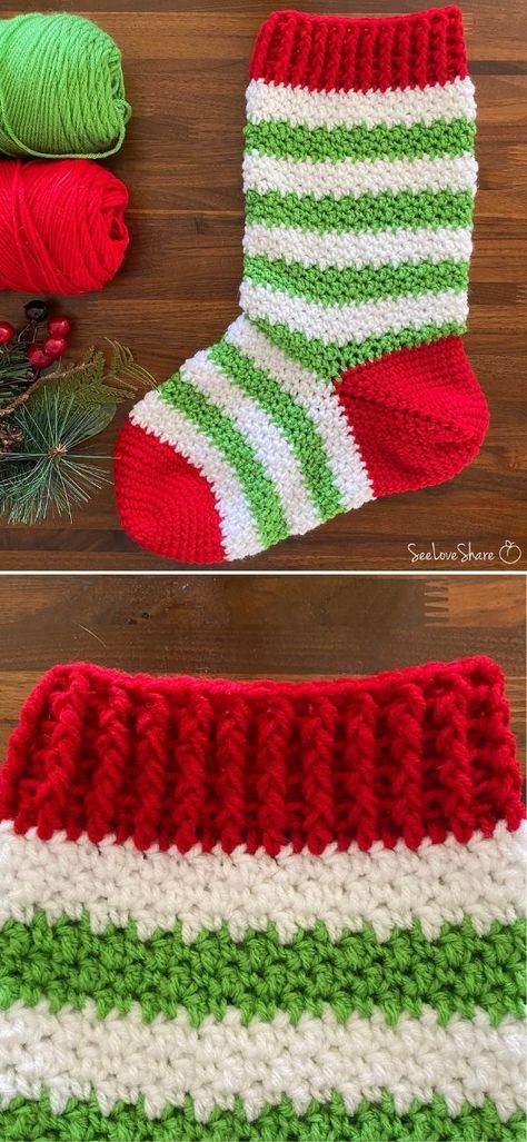 Crochet Grinch Stocking Pattern Free, Crochet Small Christmas Stockings Free Pattern, Mini Christmas Stockings Crochet, Crochet Xmas Stocking Pattern Free, Small Crochet Stocking, Crochet Christmas Stockings Free Pattern, Easy Crochet Christmas Stocking, Christmas Granny Square, Granny Square Easy