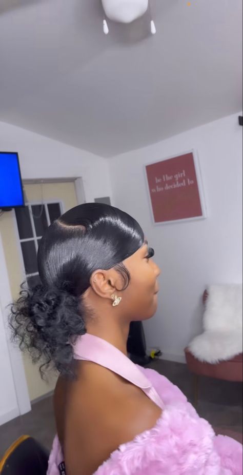 Two Buns With Swoop Weave, Side Part Swoop Two Low Buns, Swoop Two Low Buns, Swoop 2 Buns, 2 Slick Back Buns With Swoop, 2 Space Buns With Swoop, Slick Back 2 Buns, Space Bun Hairstyles, Extended Ponytail