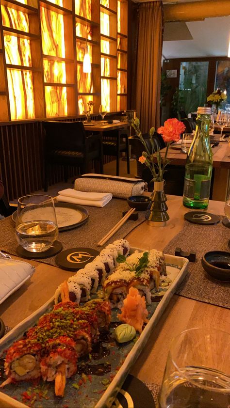 #dinner #restaurant #sushi Sushi Restaurant Pics, Fancy Sushi Restaurant, Sushi Restraunt, Sushi Aesthetic Restaurant, Sushi Dinner Aesthetic, Family Dinner Restaurant, Luxury Restaurant Food, Sushi Restaurant Aesthetic, Fancy Dinner Aesthetic