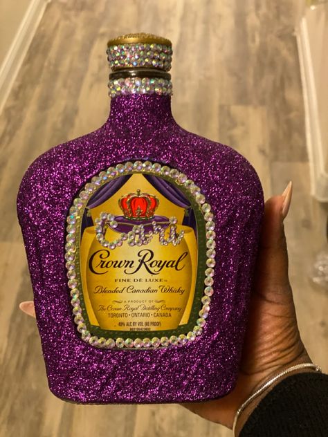 Blinged Out Crown Royal Bottle, Crown Royal Glitter Bottle, Crown Apple Bottle Crafts, Glitter Crown Royal Bottle, Crown Royal Bottle Art, Rhinestone Liquor Bottles Diy, Crown Royal Gift Ideas, Bedazzled Crown Royal Bottle, Decorated Crown Royal Bottles