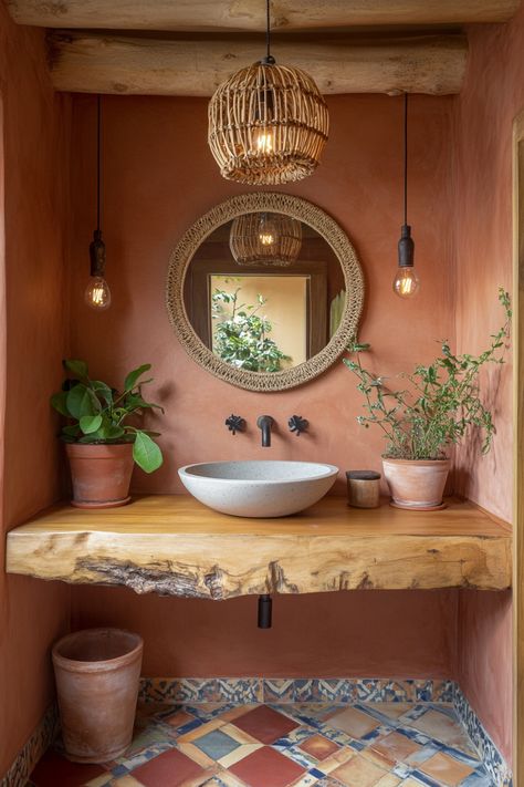 Discover eco-chic modern bathroom ideas featuring natural wooden accents, earthy tones, and sustainable decor. Elevate your space with organic elements for a serene and stylish look. Perfect blend of rustic and contemporary design! #BathroomInspo #SustainableLiving #EcoFriendlyDecor Santa Fe Style Bathroom Ideas, Bathroom Earthy Decor, Southwestern Style Bathroom, Natural Organic Bathroom Design, Organic Modern Decor Bathroom, Earthy Tone Bathroom, Organic Design Interior, Earthy Modern Home, Bathroom Earthy