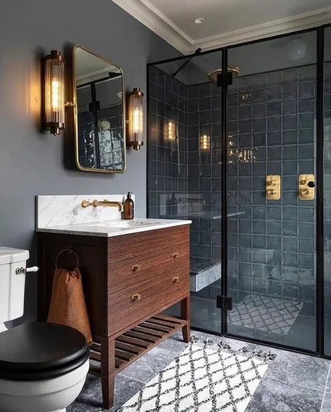 Shades Of Blue Bathroom, Toilet Lamp, Walk In Shower With Bench, Dream Flat, Bar Toilet, Small Bathroom With Shower, Bathroom Shower Design, Small Bathroom Renovation, Timeless Bathroom