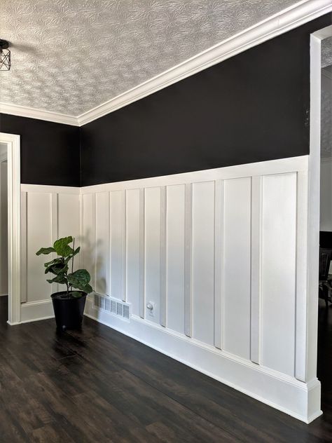 White Board And Batten Wall, All White Walls, Black And White Board, White Board And Batten, Batten Wall, Board And Batten Wall, Modern Entryway, Wall Trim, Wallpaper Accent Wall