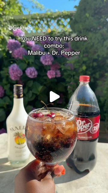 Cocktails (21+ to follow) on Instagram: "You need to try this combo: Malibu + Dr. Pepper! Mix it up & refresh your taste buds with this summer twist! Cheers to the perfect summer drink🥂🥥 #cocktails #combo #summersdrinks #malibu #drpepper #combodrinks #summercocktails #rum #soda" Dr Pepper And Malibu Rum, Dr Pepper Alcoholic Drinks, Dr Pepper Cocktail, Malibu Rum Drinks, Moscato Sangria, Rum Drinks Recipes, Happy Hour Food, Perfect Summer Drink, Soda Drinks