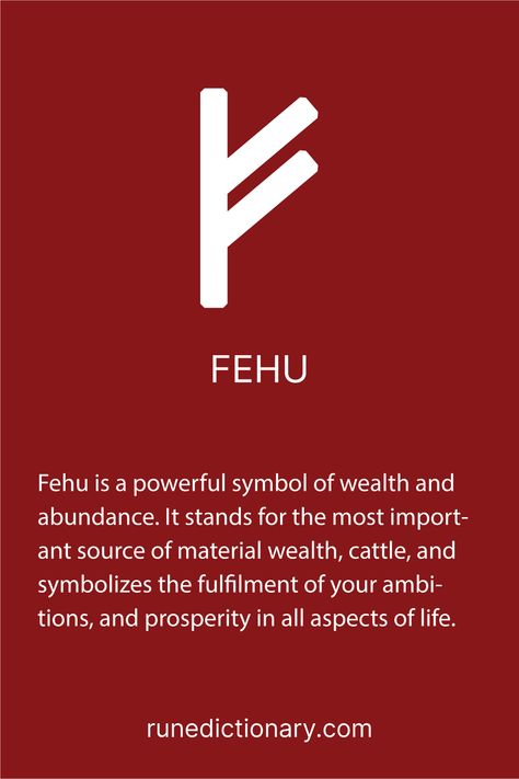 Fehu is a powerful symbol of wealth and abundance. It stands for the most important source of material wealth, cattle, and symbolizes the fulfilment of your ambitions, and prosperity in all aspects of life. Learn the runes at runedictionary.com Prosperity Rune Symbol, Runes For Abundance, Wealth And Prosperity Symbols, Rune For Prosperity, Symbol Of Prosperity, Symbols Of Abundance, Symbol Of Abundance, Abundance Sigil Money, Money Rune Symbol