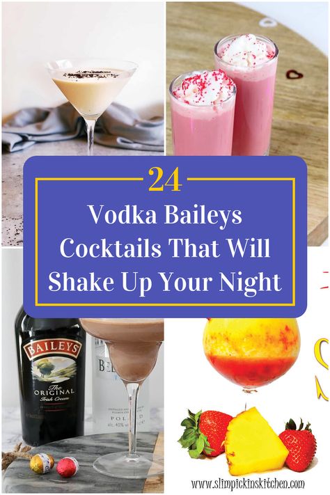 Collage of 4 vodka baileys cocktails. Baileys And Vodka Drinks, Drinks With Baileys, Vanilla Vodka Recipes, Baileys Cocktail, Baileys And Vodka, Baileys Recipes Drinks, Marshmallow Vodka, Baileys Drinks, Baileys Cocktails