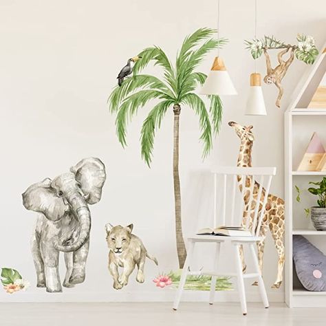 Stickerscape Watercolour Jungle Wall Stickers (Jungle Scene) | Safari Wall Stickers for a Children's Bedroom or Nursery | Easy to Apply and Cleanly Removable Removable Wall Decals Nursery, Safari Animal Wall Decals, Jungle Wall Stickers, Safari Scene, Monkey Wall, Jungle Scene, Safari Animals Nursery, Nursery Wall Murals, Childrens Wall Stickers