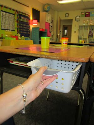 I use these little baskets as "drawers" in their desks. They put their pencil pouch and any "loose" tools in there to keep their desk nice and tidy. Classroom Photo, Class Procedures, Organizing School, Teaching Class, Classroom Hacks, Classroom Seating, Teaching Organization, Desk Drawers, Organization And Management