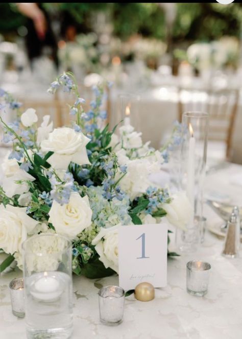 Round Wedding Tables, Blue Hydrangea Wedding, Wedding Table Setup, Blue White Weddings, Renewal Wedding, Hydrangea Centerpiece, Hydrangeas Wedding, Blue Themed Wedding, Blue Wedding Flowers