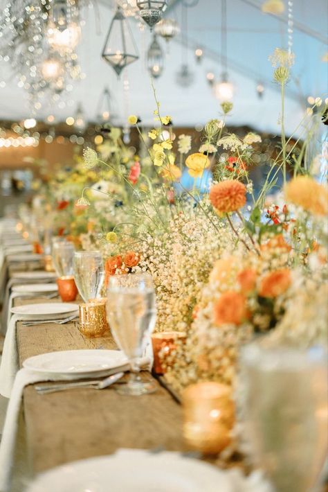 A head table at a wedding reception decorated with baby's breath down the entire 25 foot table with dahlias, ranunculus, roses, anemones, and wild flowers poking out of it. All with a color scheme of orange, peach, yellow, red, and dark purple. Designed by the florists at Camrose Hill. Camrose Hill is an outdoor wedding venue and florist located in Stillwater, Minnesota. Classy Elegant Wedding Dress, Yellow Wedding Decorations, Classy Elegant Wedding, Summer Wedding Venues, Wildflower Centerpieces, Stillwater Minnesota, Yellow Wedding Theme, Dahlias Wedding, Orange Wedding Flowers