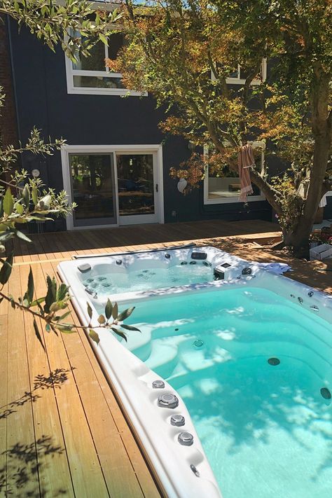 dual zone swim spa Hot Tub Swim Spa Backyard, Back Patio Layout With Hot Tub, Above Ground Pool And Jacuzzi Deck, Outdoor Spas Ideas Yards, Swimming Spa Backyard Ideas, Decks Around Swim Spas, Modern Hot Tub Backyard, Swim Spa In Deck, Swim Spas Backyard Ideas