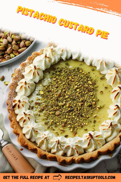 Delight in the creamy elegance of Pistachio Custard Pie. This recipe combines the smoothness of custard with the nutty richness of pistachios, creating a dessert that's both sophisticated and indulgent. Perfect for special occasions or a luxurious treat at home, this pie boasts a buttery crust that complements the velvety filling. Discover the simple yet refined steps to craft this eye-catching dessert that promises to impress family and friends with its unique flavor and beautiful presentation. Save and share this recipe Pistachio Custard Pie, Pistachio Custard, Pistachio Pie, Pie Crust Dough, Vanilla Whipped Cream, Custard Filling, Elegant Desserts, Custard Pie, Flaky Crust