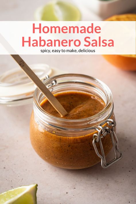 This is the ultimate salsa for anyone who loves spice! Made with roasted habanero peppers, garlic, tomatoes, and citrus, this salsa is easy to make and so good! #condiment #freezerfriendly #makeahead #quickandeasy #habanerosauce #habanerohotsauce Grilled Serrano Peppers, Homemade Habanero Salsa, Roasted Habanero Hot Sauce, Habernos Salsa, Canned Habanero Recipes, Habenero Recipes Salsa, Habernos Recipes, What To Do With Habanero Peppers, Habanero Sauce Recipe