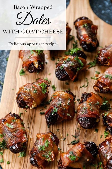 Dates With Goat Cheese, Goat Cheese Stuffed Dates, Cheese Stuffed Dates, Wrapped Dates, Stuffed Dates, Bacon Wrapped Dates, Bacon Appetizers, Cheese Wrap, Delicious Appetizer Recipes