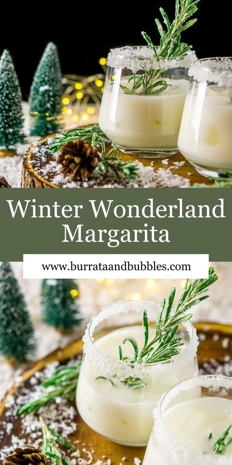 When Old Man Winter strikes, nothing gets you through the cold night like a seasonal cocktail by the fire, and you'll love sipping on this Winter Wonderland Margarita. Made with sweet and savory rosemary simple syrup and bright white coconut milk, this Winter Wonderland Margarita is your perfect sipper for the occasion. Serve with a candied rosemary sprig for a sparkly, wintry touch. Candied Rosemary, Winter Margarita, Festive Cocktail Recipes, Coconut Margarita, Winter Cocktail, Rosemary Simple Syrup, Seasonal Cocktail, Tom Collins, Christmas Cocktail