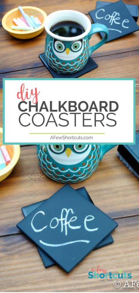 Simple and cheap to make, and fun to give as a gift! Check out these DIY Chalkboard Coasters. A super craft for a coffee lover! | @AFewShortcuts #diy #craft #coffee #homemadegift Craft Ideas To Sell, Homemade Chalkboard, Homemade Teacher Gifts, Ideas To Sell, Dyi Gifts, Pinterest Crafts, Creative Diy Gifts, Coffee Theme, Diy Chalkboard