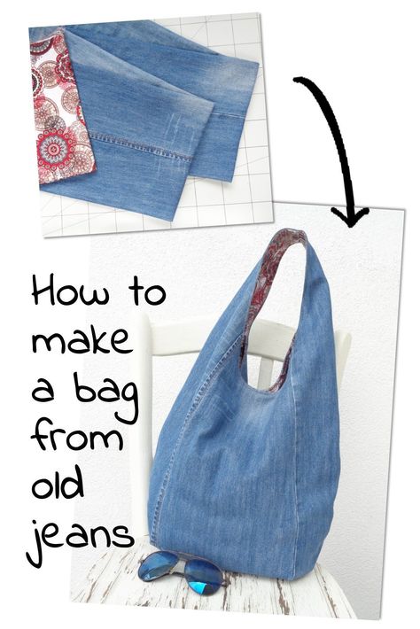 How to make a bag from old jeans. Sewing pattern for hobo bag. Denim bag DIY Denim Hobo Bag Pattern, Boho Bags Diy, How To Make A Bag, Quilted Jeans, Recycled Denim Projects, Jean Ideas, Jeans Sewing, Bag From Old Jeans, Recycled Bag