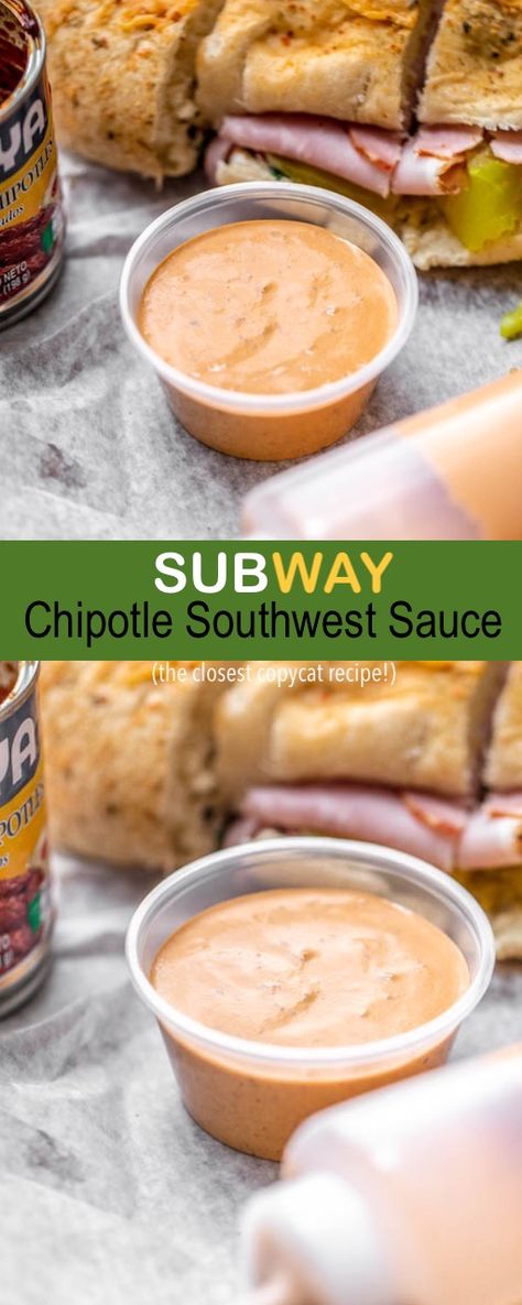 Subway Chipotle Southwest Sauce is my favorite from all the Subway Sauces! It’ll make any sandwich taste delicious and tastes just like the chipotle sauce from Subway! Sauce And Dressing Recipes, Southwest Sauce Subway, Chipotle Southwest Sauce Subway, Southwest Chipotle Dressing, Subway Sauces Recipe, Sauce Recipes For Sandwiches, Subway Baja Chipotle Sauce, Subway Dressing Recipes, Subway Mayo Recipe