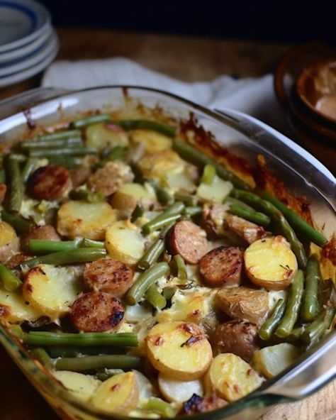 Green Beans Potatoes And Sausage, Sausage Green Bean Potato Casserole, Green Bean Potato Casserole, Sausage And Green Beans, Potatoes And Sausage, Green Beans Potatoes, Beans Potatoes, Green Beans And Potatoes, Sausage Potatoes