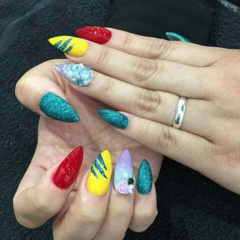 Ariel Themed Nails, Gel Nails Disney, Ariel Nail Art, Ariel Nails Disney, Little Mermaid Nail Art, Disney Gel Nails, Little Mermaid Nails, Disney Themed Nails, Disney Princess Nails