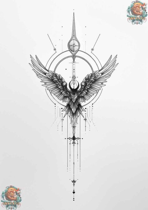 One Winged Angel Tattoo, Angel Tattoo With Words, Minimalist Celestial Tattoo, Minimalistic Angel Tattoo, Minimalist Tattoo Angel, Dark Angel Wings Tattoo, Geometric Angel Tattoo, Back Tattoo Designs Men, Gardian Angel Tattoo