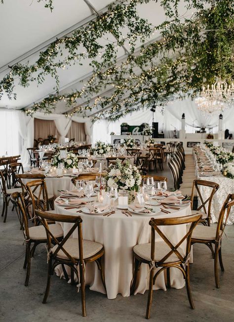 Neutral Wedding Ideas, Marquee Wedding Decoration, Neutral Wedding Decor, Wedding Reception Chairs, Hanging Greenery, Wedding Table Setup, Tent Wedding Reception, Summer Wedding Ceremony, Neutral Wedding Colors