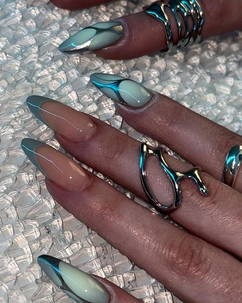 Nail Design Gold, Aqua Nails, 3d Nail Designs, Teal Nails, Edgy Nails, Purple Nail, Mermaid Nails, Almond Acrylic Nails, Black Nail