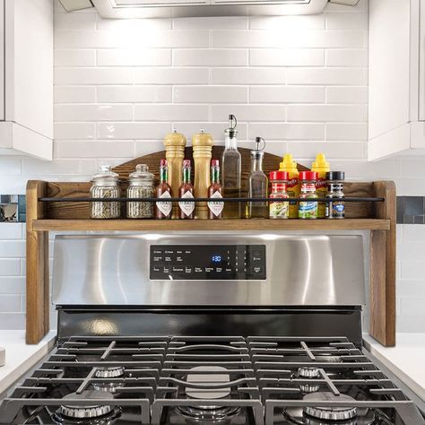 Burnt Wood and Black Metal Wire Bar Stove Top Spice Rack, Space Saving Over Oven Range Stovetop Storage Display Shelf-MyGift Top Of Stove Shelf, Shelf For Kitchen Counter, Under Counter Spice Rack, Over The Stove Shelf Ideas, Storage Above Stove Ideas, Simple Kitchen Storage Ideas, Efficient Kitchen Storage, Above Sink Storage Kitchen, Above Stove Spice Shelf