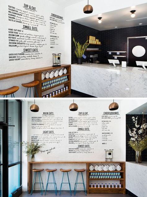 In this small modern restaurant, black subway tiles and a large marble counter create a sophisticated look, while the handwritten menu on the white wall and the natural look of the stools and counter gives the space a casual vibe. Black Subway Tiles, Small Restaurant Design, Café Design, Decoration Vitrine, Small Cafe, Menu Boards, Coffee Shops Interior, 카페 인테리어 디자인, Marble Counter