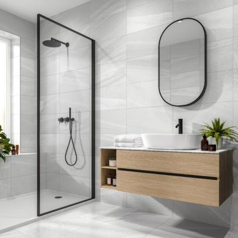 Anderley Light Grey Matt Glazed Porcelain 300x600mm | Verona Group | Verona Group Modern Bathroom Design Grey, Small Luxury Bathroom, Light Grey Bathrooms, Grey Bathroom Tiles, Bathroom Inspiration Modern, Bad Inspiration, Bathroom Inspiration Decor, Bathroom Design Luxury, Grey Bathrooms