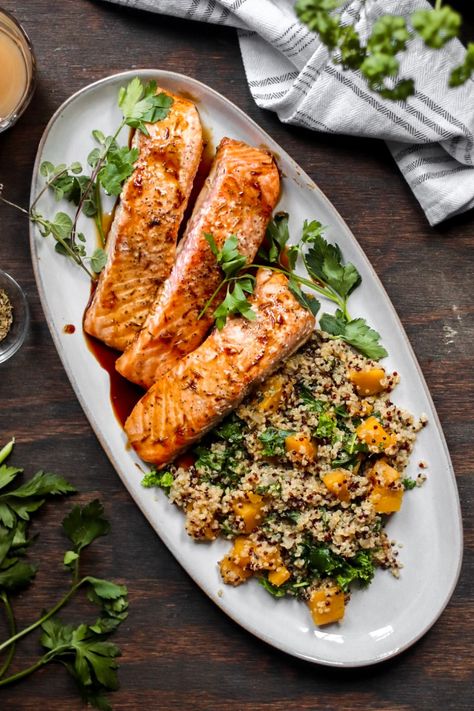 Salmon Butternut Squash Recipes, Baked Salmon And Quinoa Recipes, Dinner Recipes With Apple Cider, Butternut Squash Salmon Recipes, Salmon And Acorn Squash Recipes, Butternut Squash And Fish, Quinoa Fall Recipes, Salmon Recipes With Quinoa, Couscous Butternut Squash