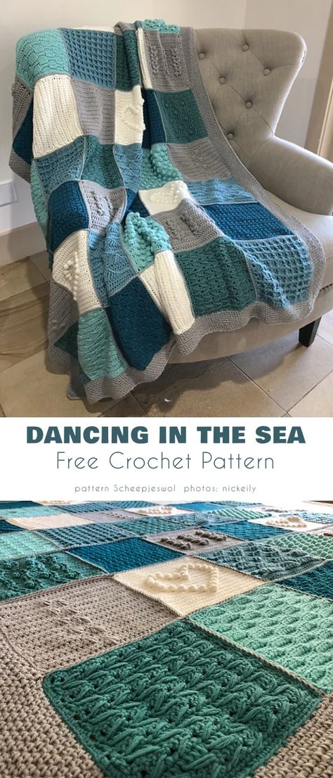 Deep in the Ocean Blue, Ocean Themed Crochet Patterns Aqua Crochet Blanket, Water Crochet Blanket, Turquoise Crochet Blanket Color Schemes, Ocean Knitting Patterns, Ocean Themed Crochet Blanket, Blue And Grey Crochet Blanket, Ocean Blanket Crochet, Coastal Crochet Patterns, Crochet Fish Blanket