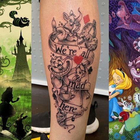 Simple Alice In Wonderland Tattoo Quotes, Disney Leg Sleeve Tattoo Black And White, Disney Characters Tattoos Sleeve, Alice In Wonderland Thigh Tattoo, Alice In Wonderland Tattoo Sleeve Ideas, Alive In Wonderland Tattoos, Alice In Wonderland Tattoo Ideas Small, Alice In Wonderland Sleeve Tattoo, Alice In Wonderland Flash Tattoo