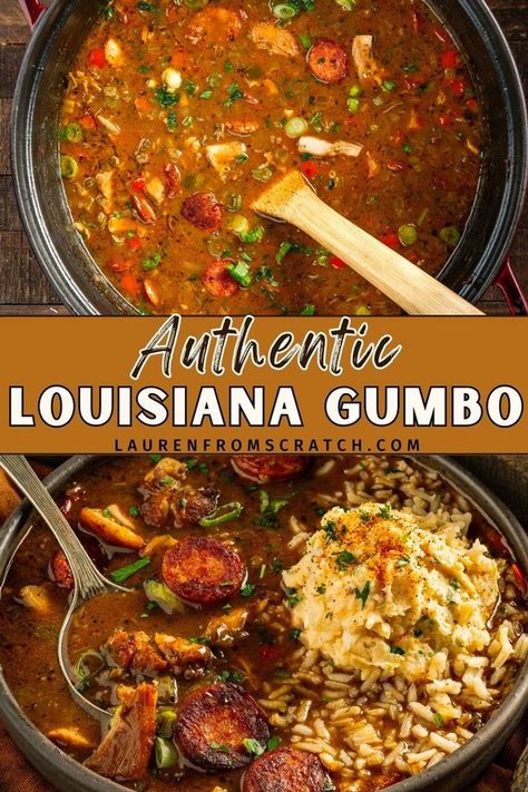 Ever wanted to make gumbo like they do in Louisiana? This recipe will help you get that dark roux right! It's an authentic Louisiana comfort food. Made with spicy andouille sausage, seasoned chicken, and the holy trinity. See more Louisiana recipes at LaurenFromScratch.com. Louisiana Beans And Rice, Smoked Sausage Gumbo, Gumbo Recipe No Seafood, Gumbo Without Seafood, Louisiana Soup Recipes, Cajun Fall Recipes, Gumbo Recipe Without Seafood, Gumbo Recipe Authentic Crockpot, Qdoba Mexican Gumbo Recipe