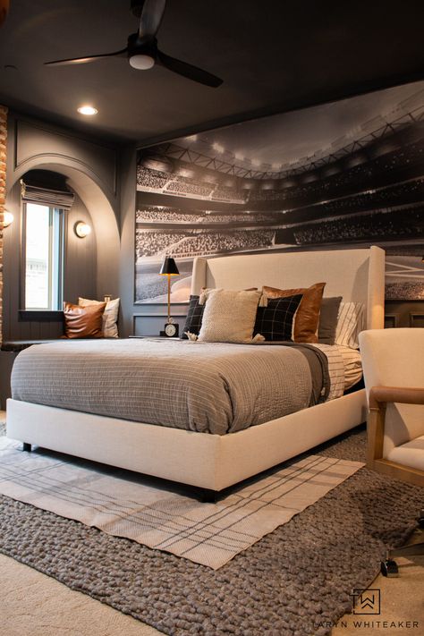 Boys Sports Bedroom Reveal - Taryn Whiteaker Designs Sherwin Williams Web Gray, Brick Wall Industrial, Boys Baseball Bedroom, Boys Bedroom Light, Modern Boys Rooms, Neutral Bedroom Furniture, Boy Sports Bedroom, Sports Bedroom, Baseball Bedroom